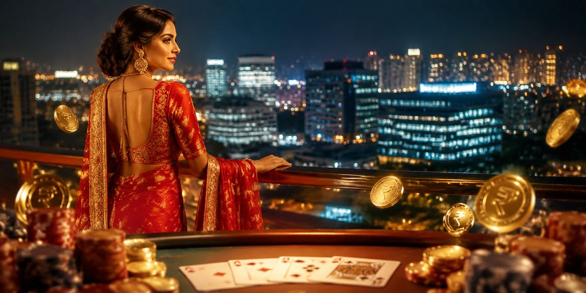 Woman playing Rummy online on mobile with traditional saree attire